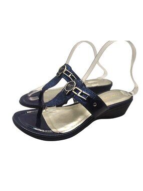 Marc Fisher Amina2 Women's Size 9.5 Navy Blue Glitter Wedge Open-Toe Sandals